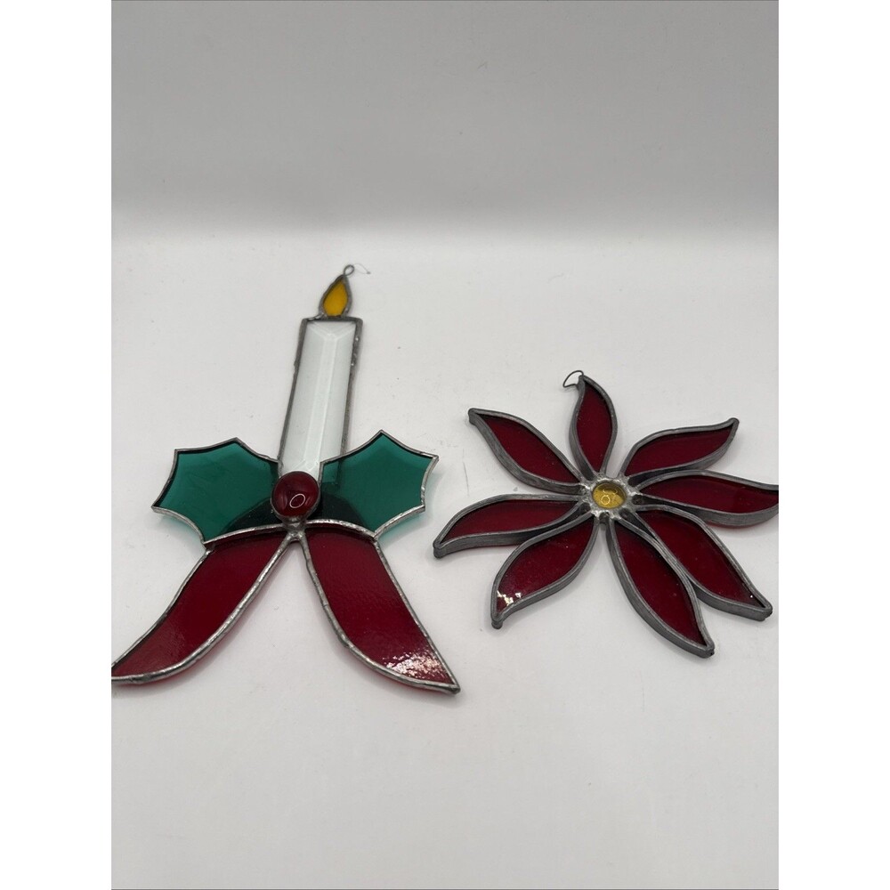 2 Vintage Stained Glass Sun Catcher  Christmas Ornaments candle poinsettia